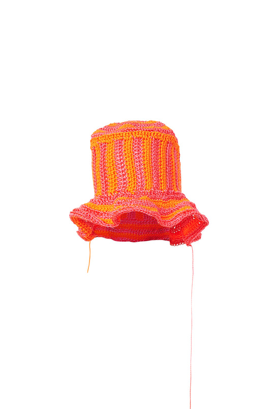 Orange Pink Striped Nylon Crochet Bucket Hat